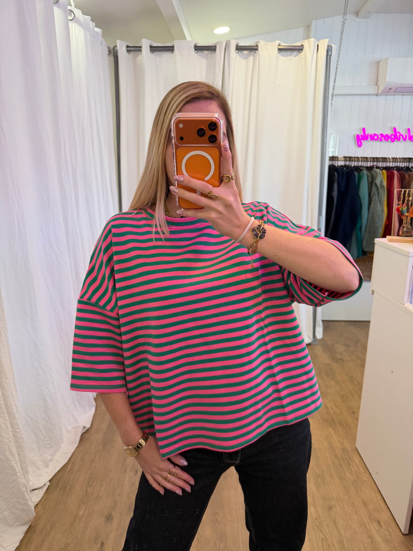 T-shirt LÉA marinière Rose + Vert sapin