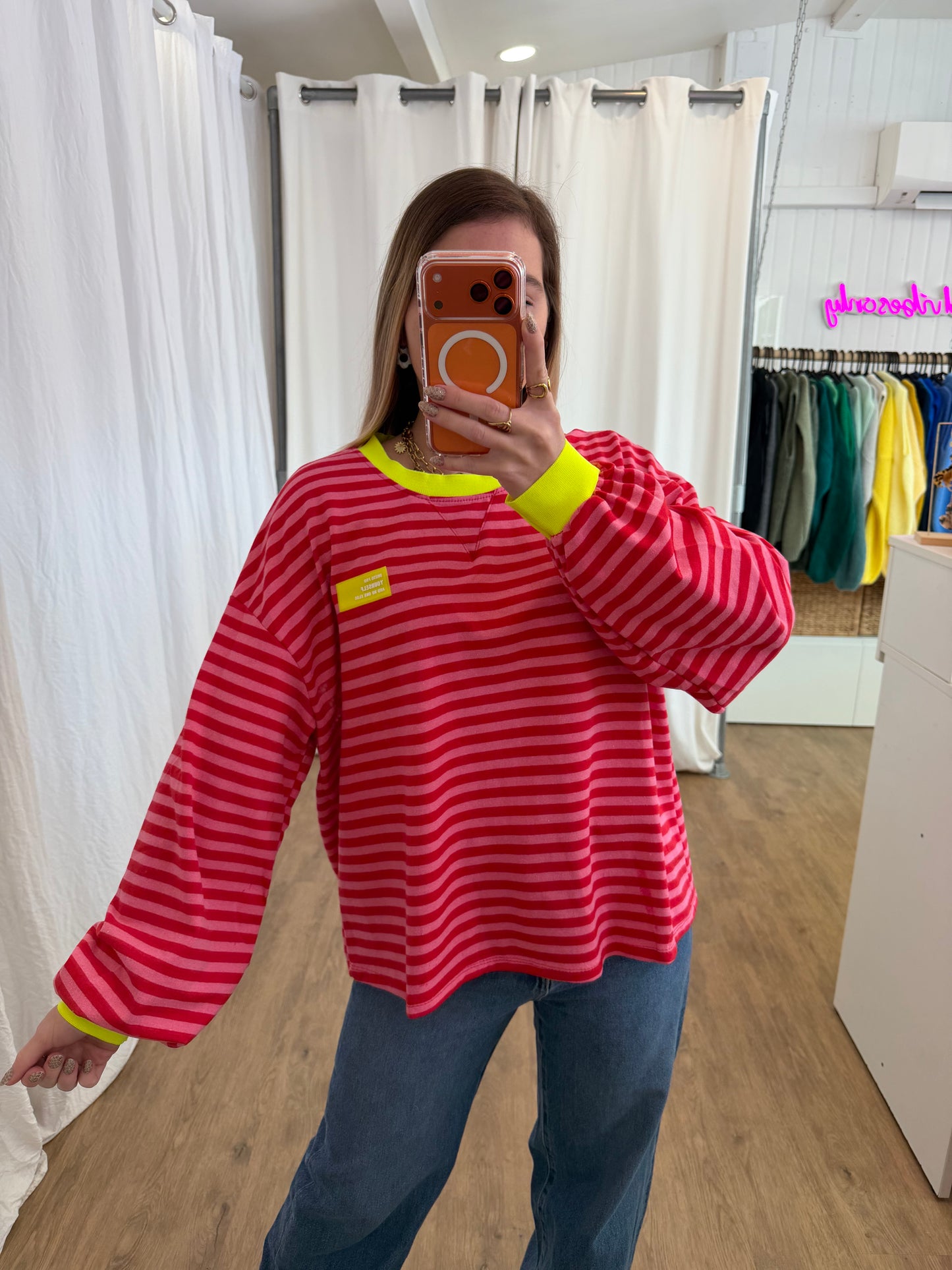 T-shirt manches longues YOURSELF marinière Rouge et Rose