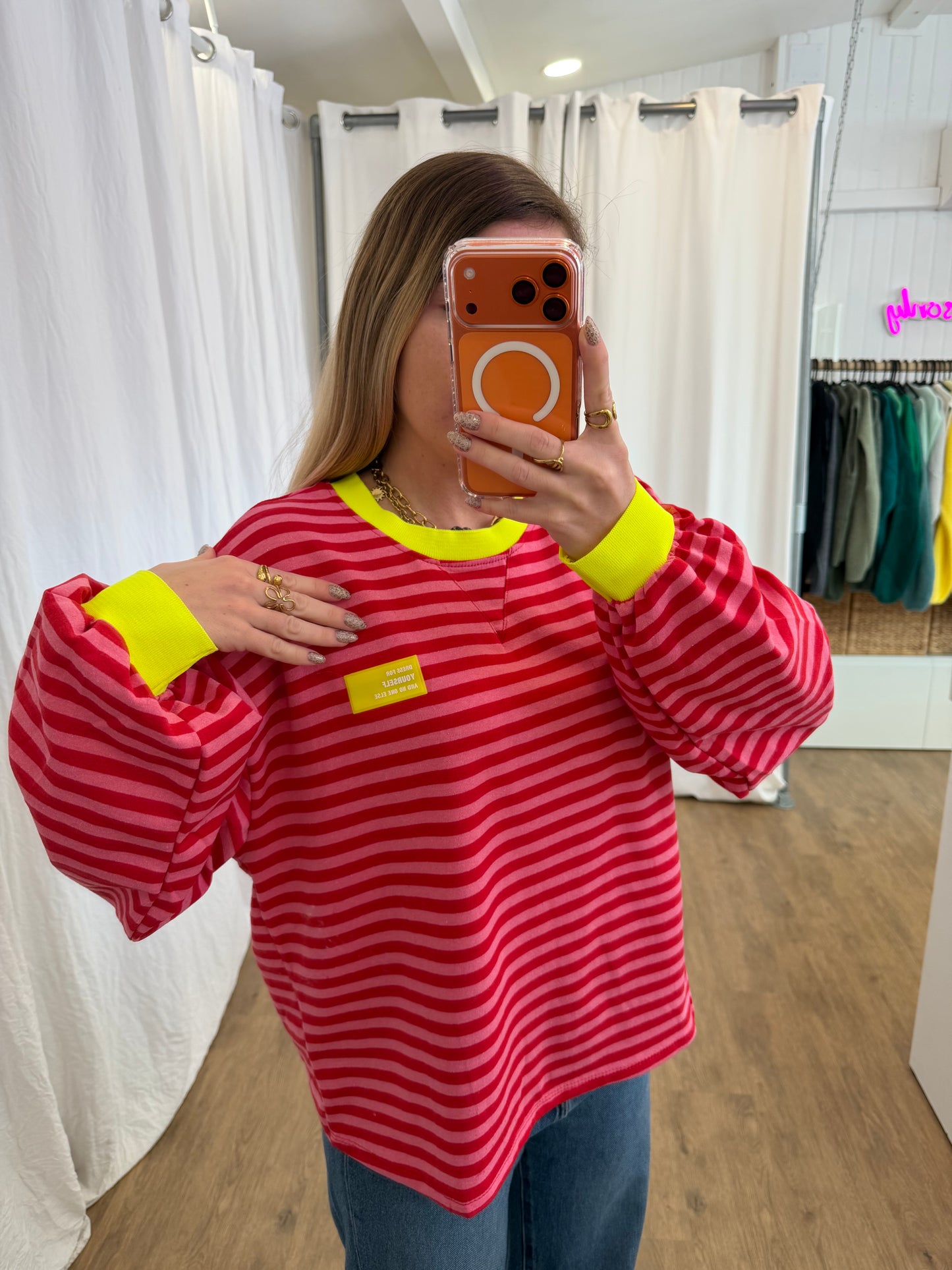 T-shirt manches longues YOURSELF marinière Rouge et Rose