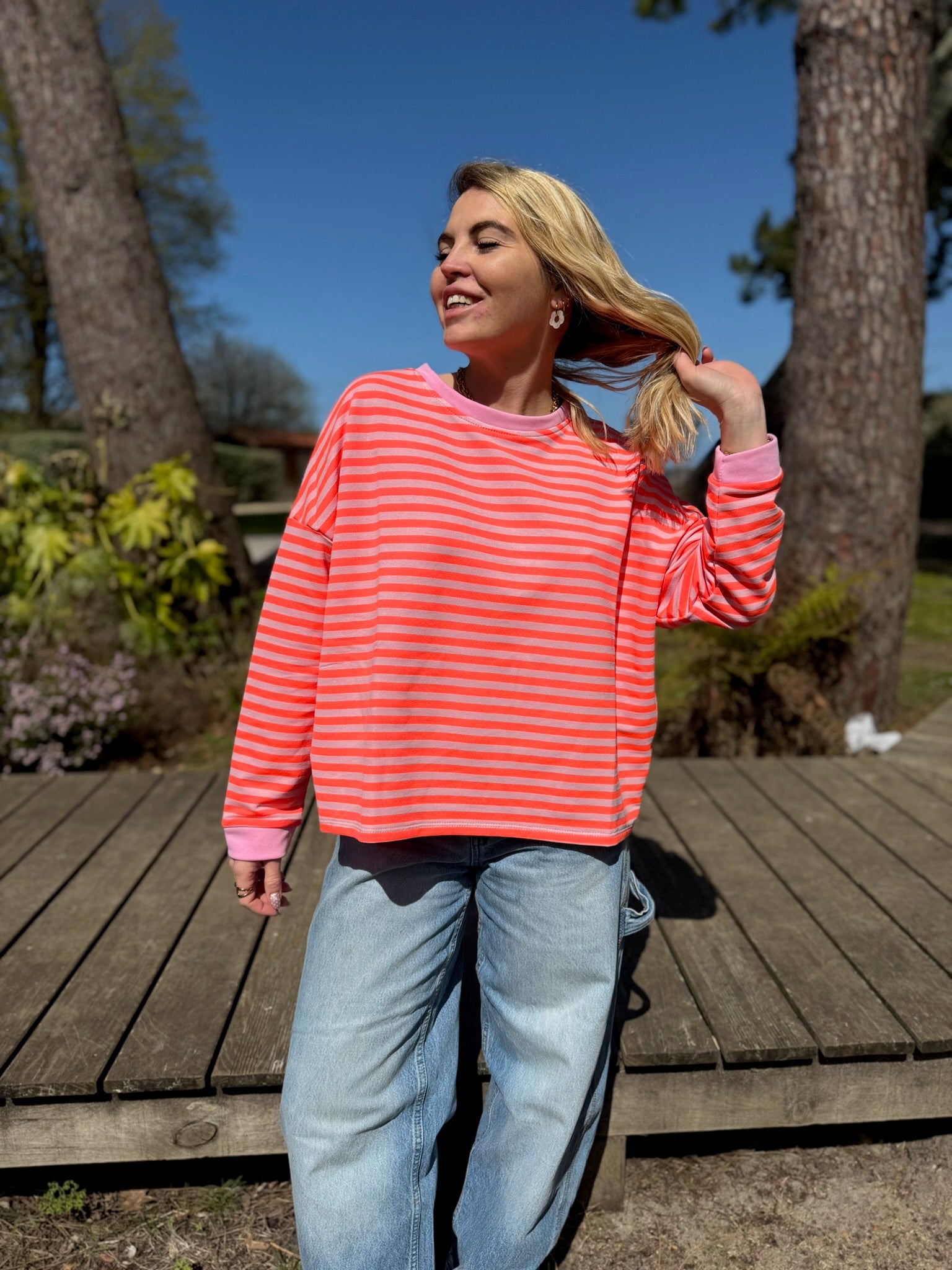 T-shirt manches longue SARAH Corail fluo + rose