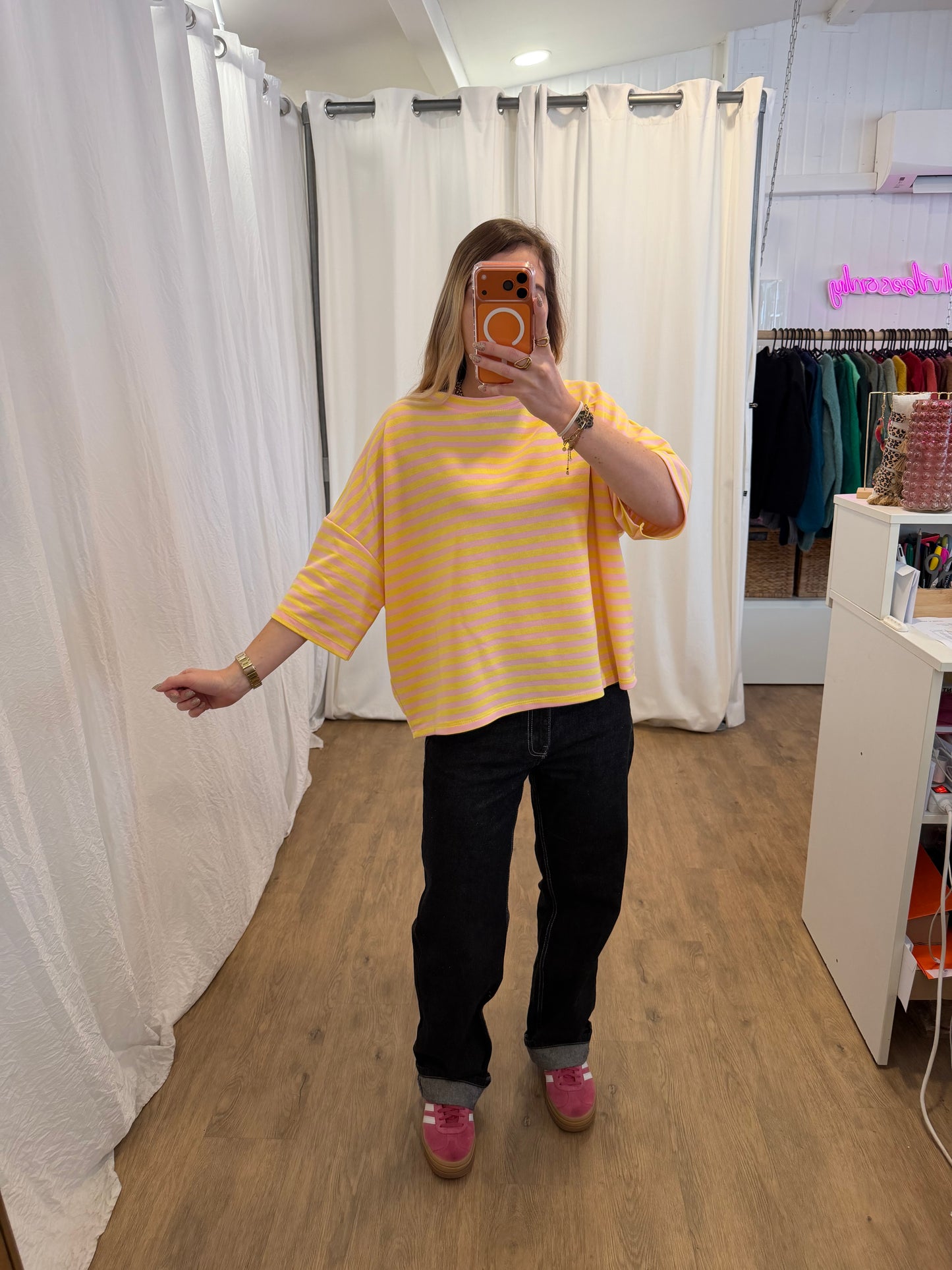 T-shirt LÉA marinière Rose + Jaune