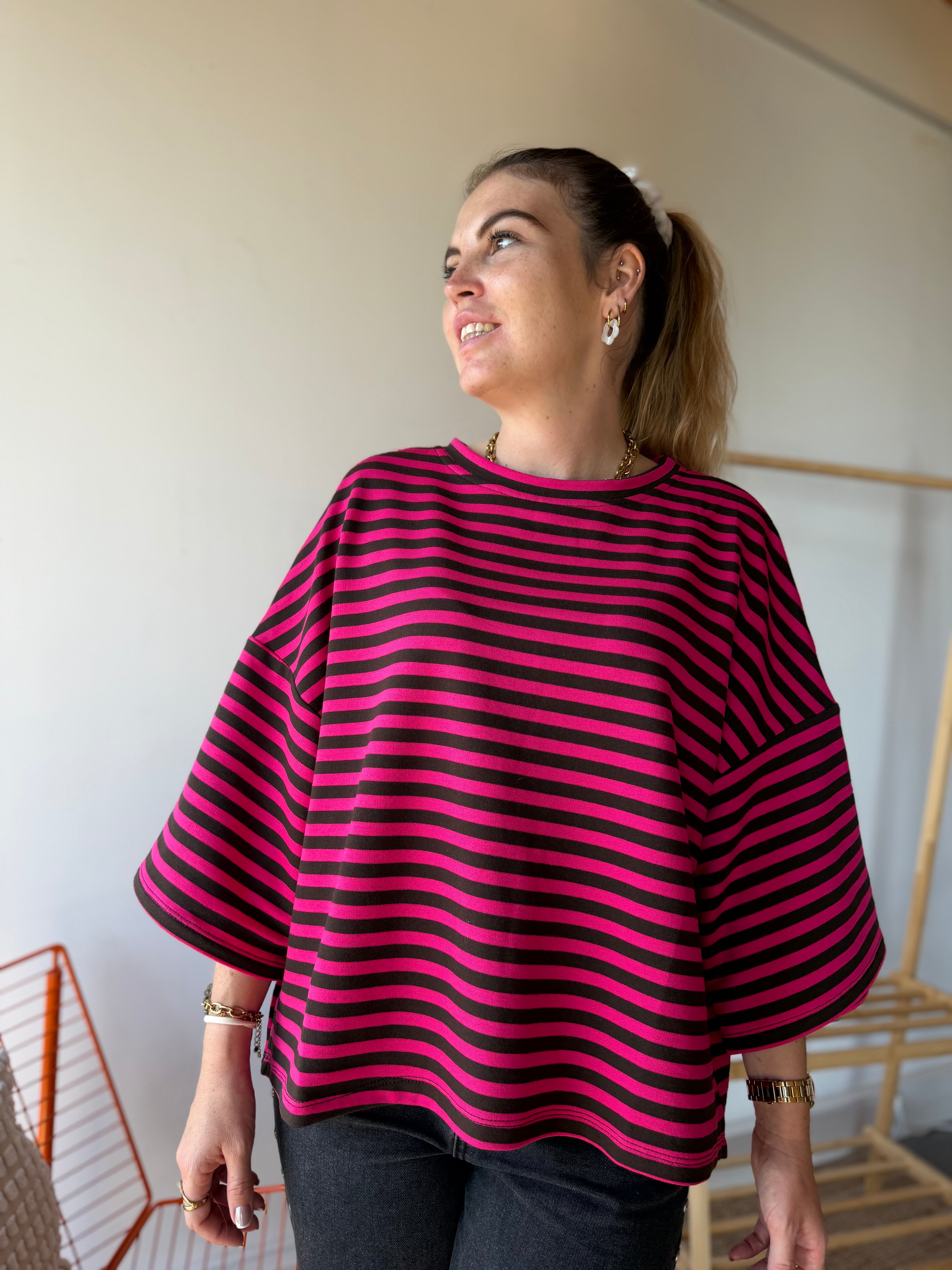 T-shirt marinière ICONIC Rose fushia + Chocolat