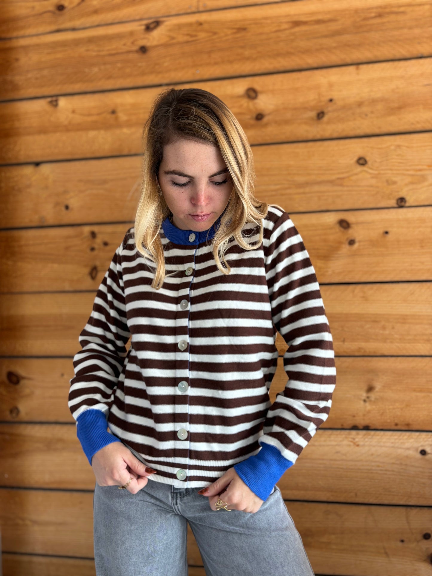 Gilet GIGI marinière Bleu royal / Marron