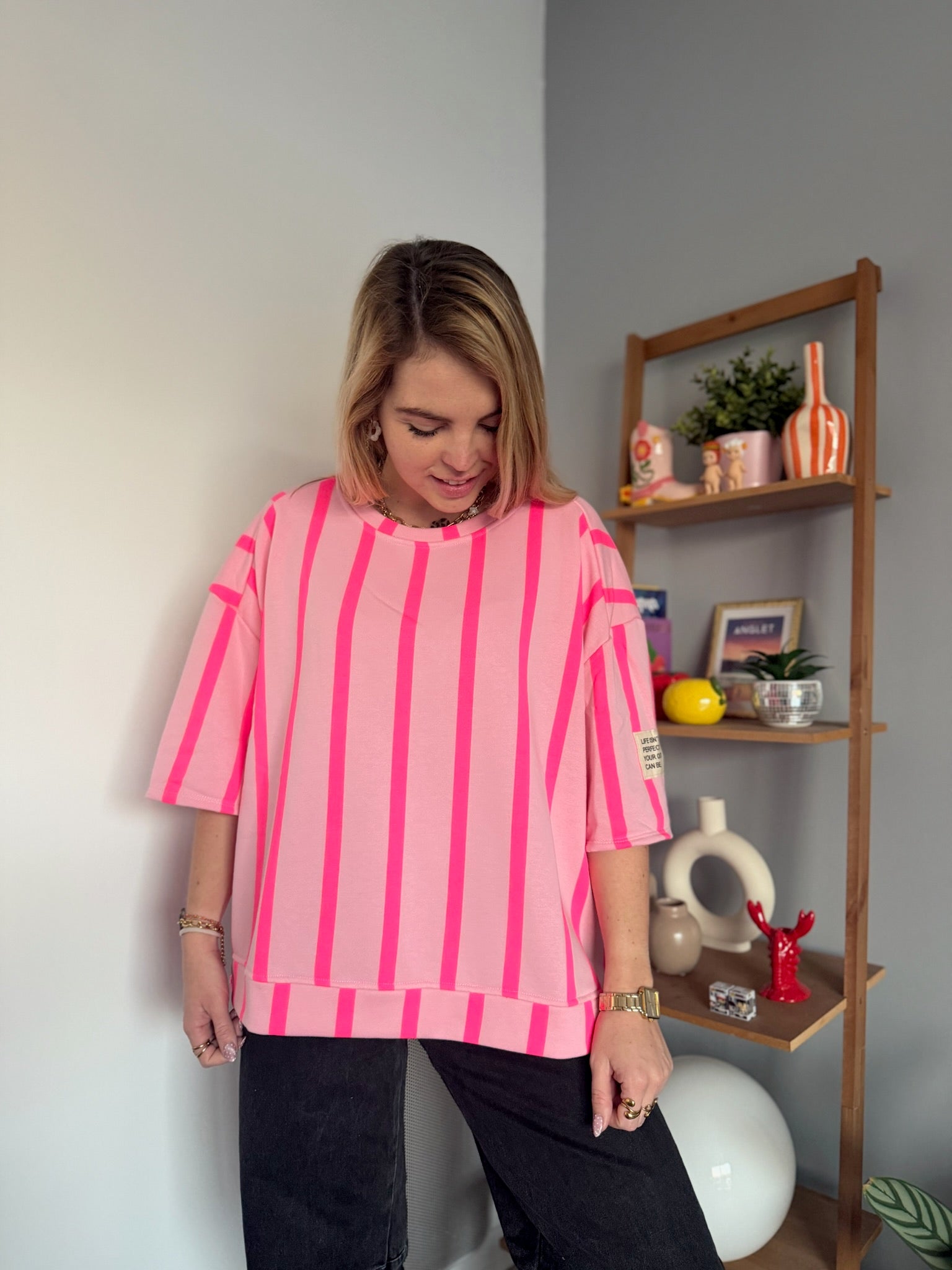 Sweat Manches courtes PAOLINA rayé rose