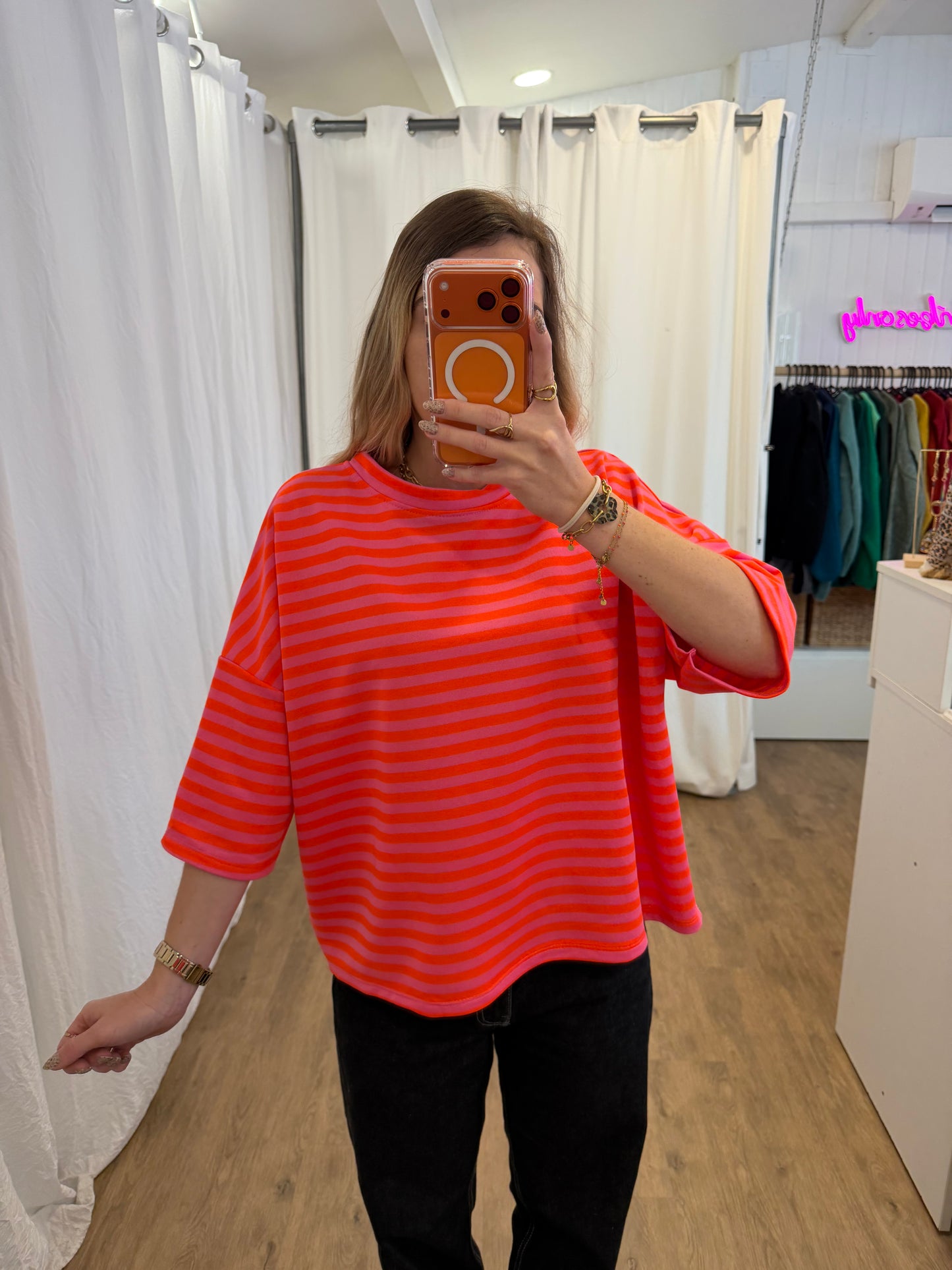 T-shirt LÉA marinière Orange + Rose