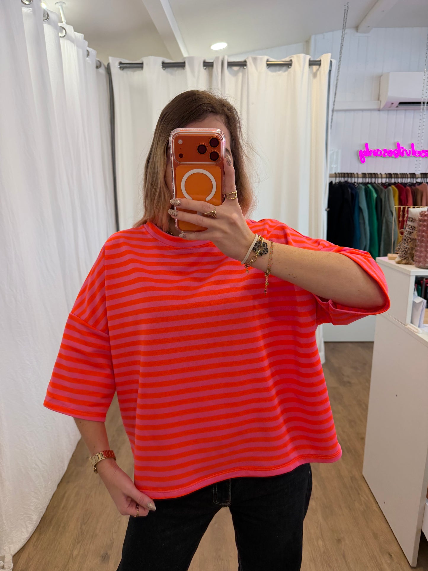 T-shirt LÉA marinière Orange + Rose