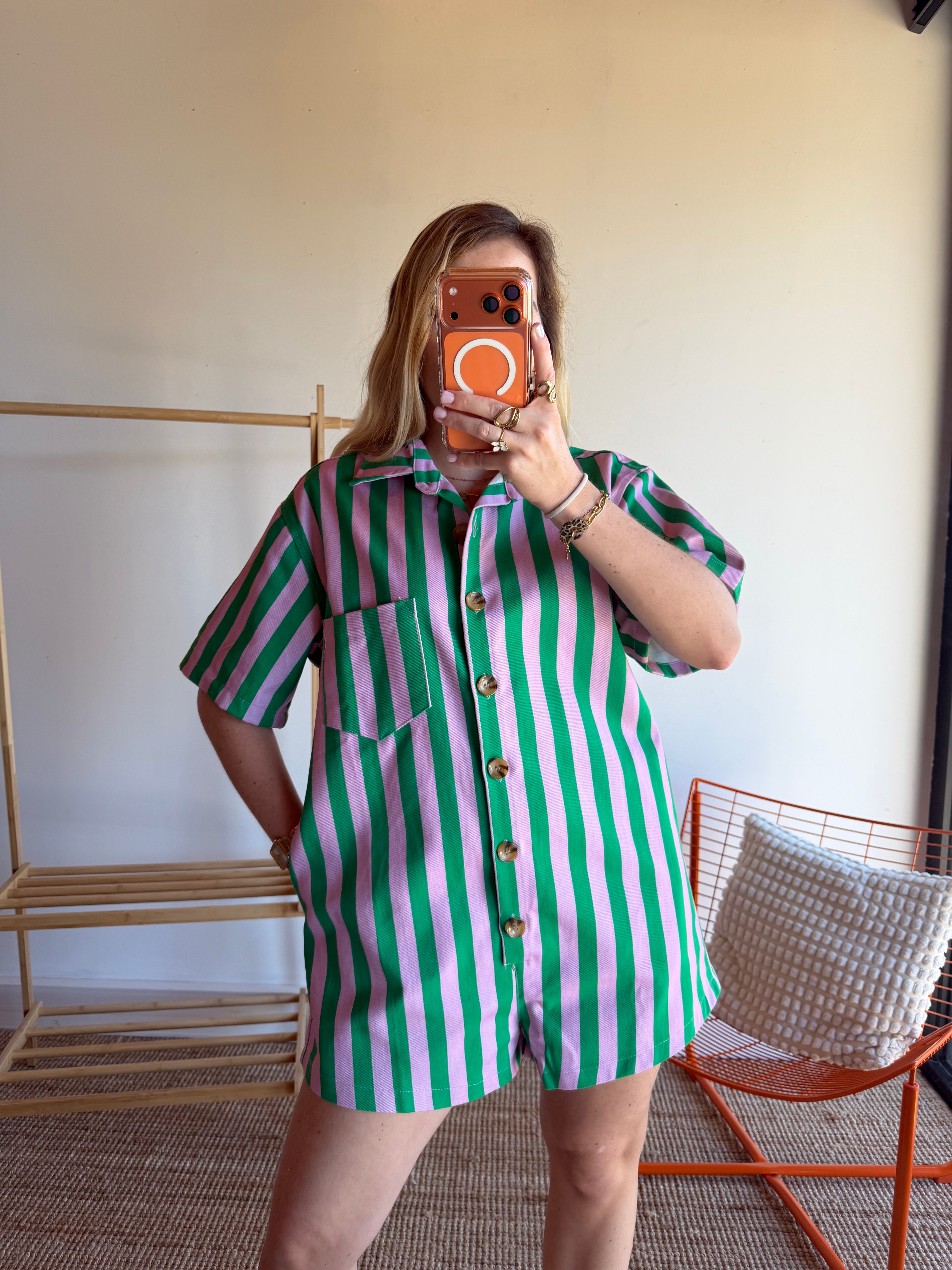 Combishort rayée JULIA vert + rose