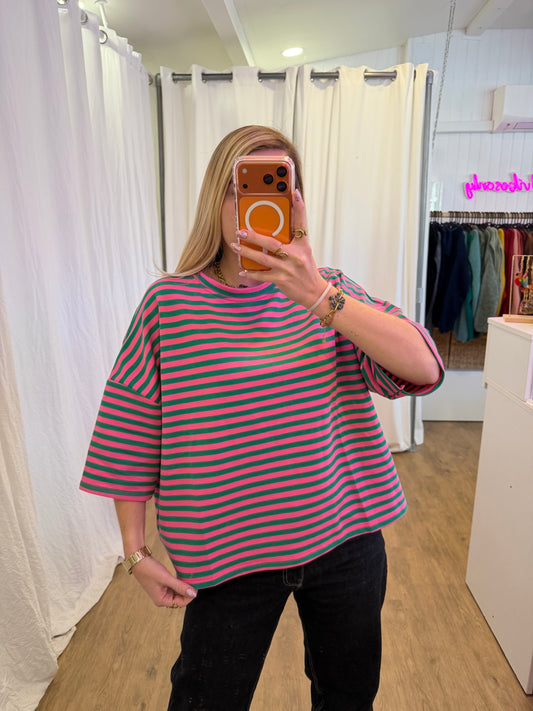 T-shirt LÉA marinière Rose + Vert sapin