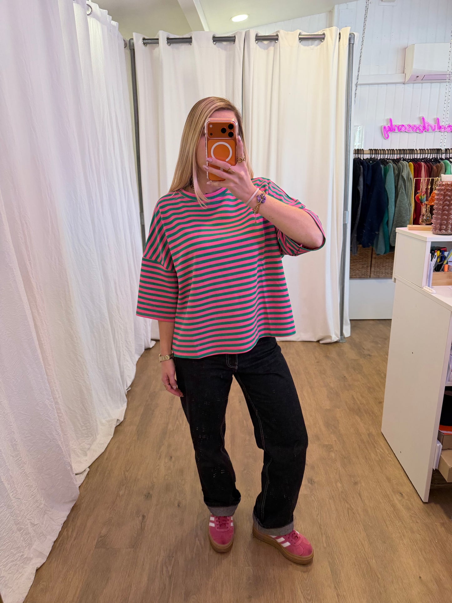 T-shirt LÉA marinière Rose + Vert sapin