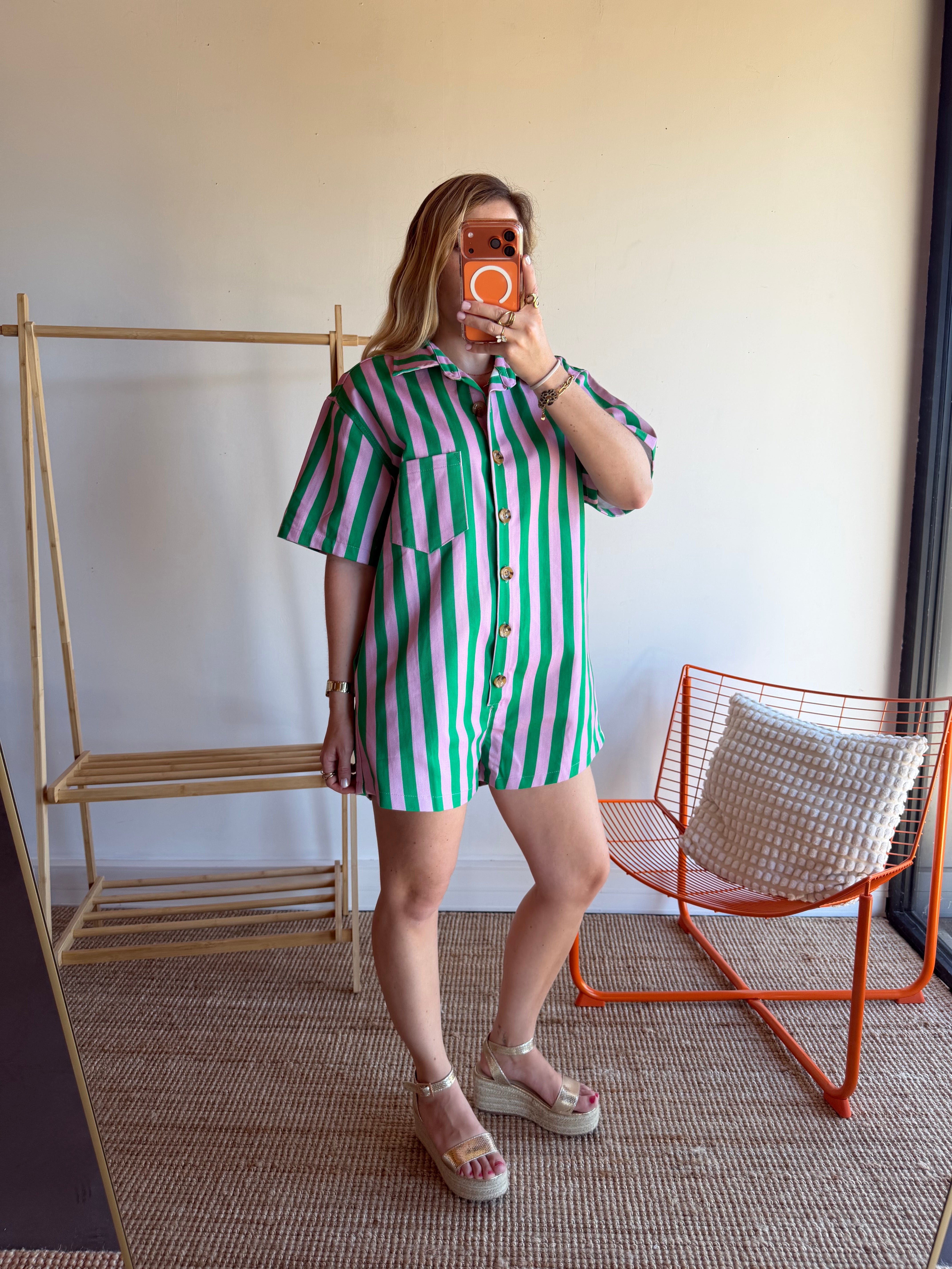 Combishort rayée JULIA vert + rose