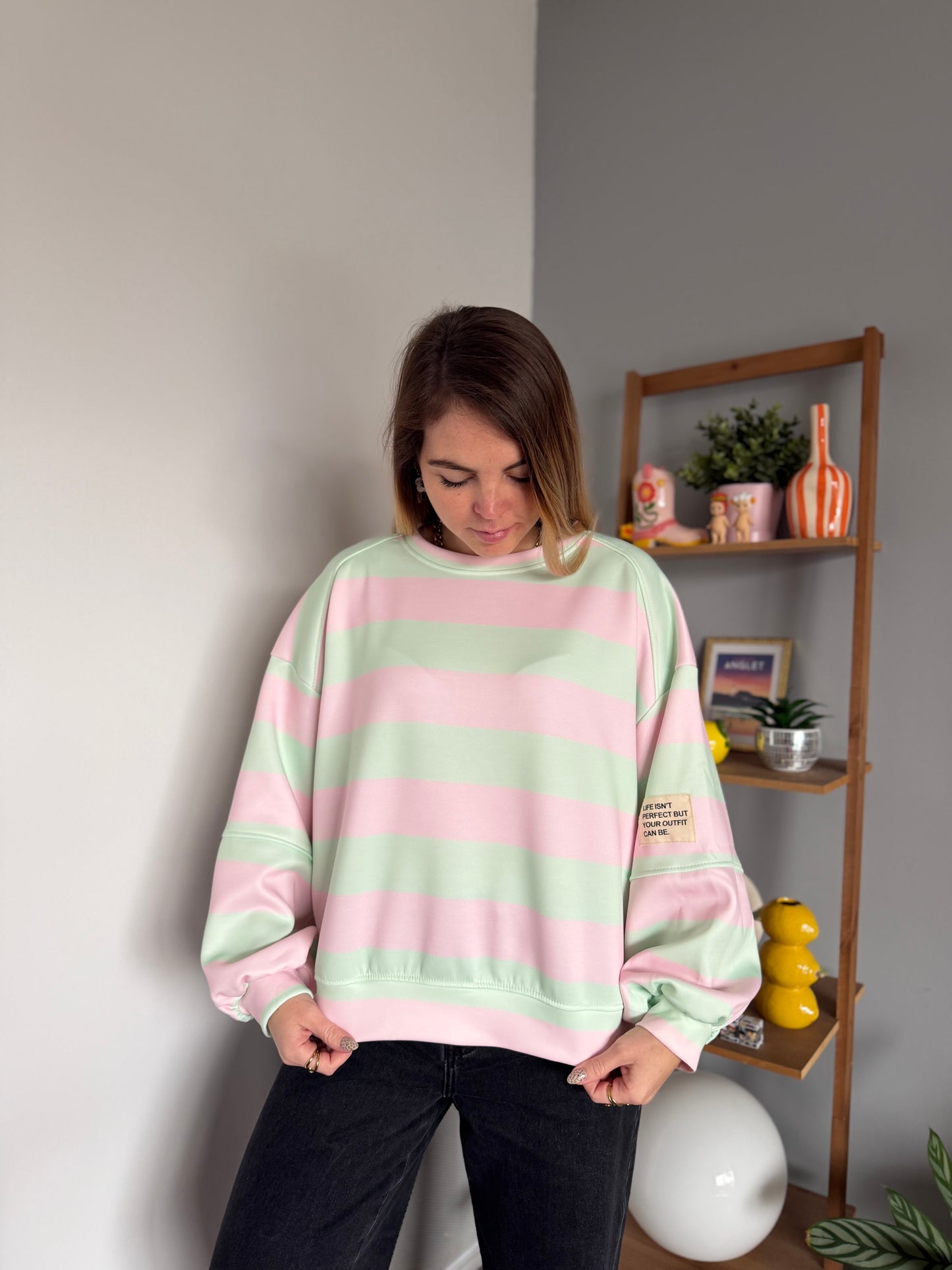 Sweat marinière GABRIEL Vert + Rose