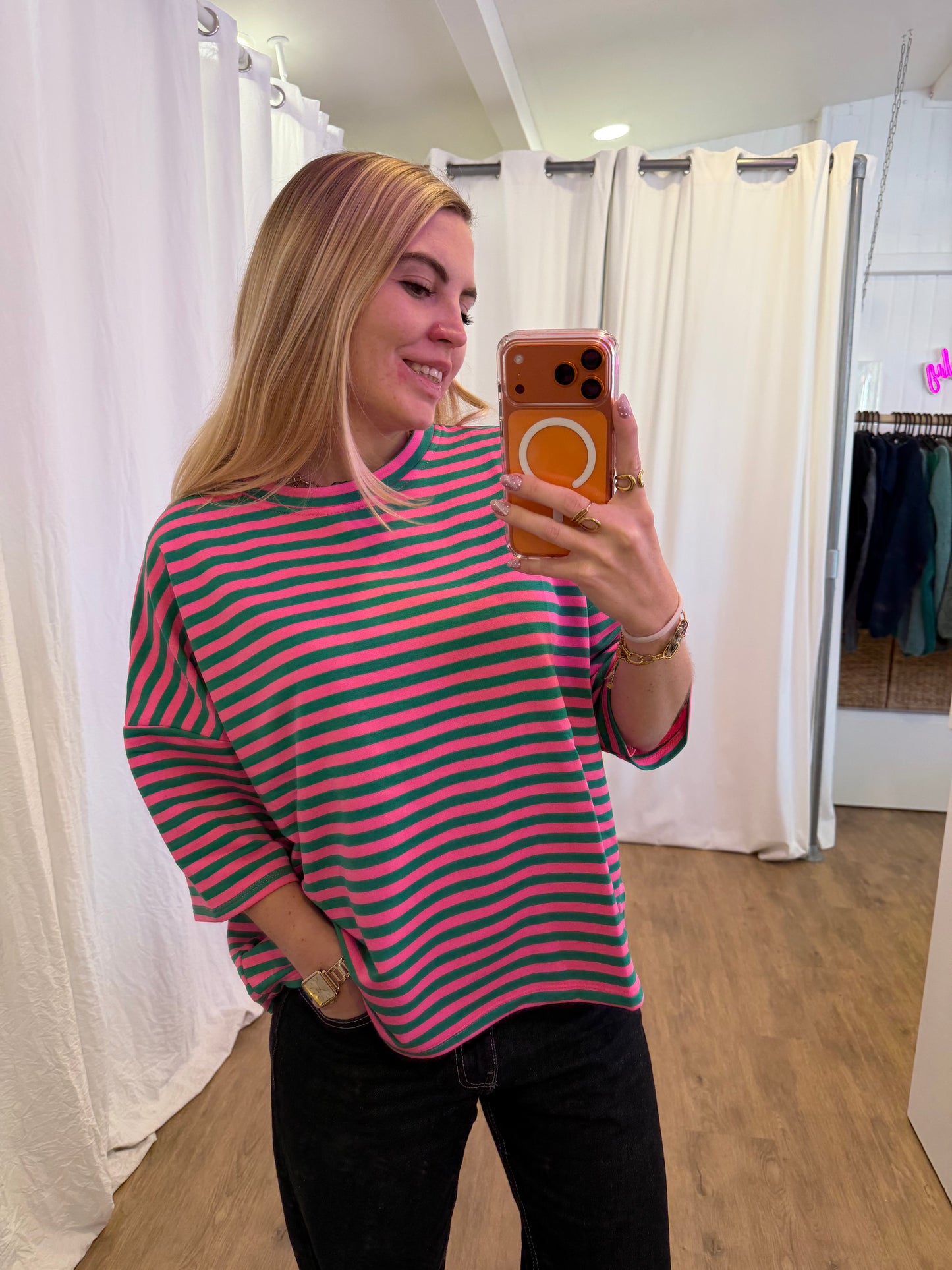 T-shirt LÉA marinière Rose + Vert sapin