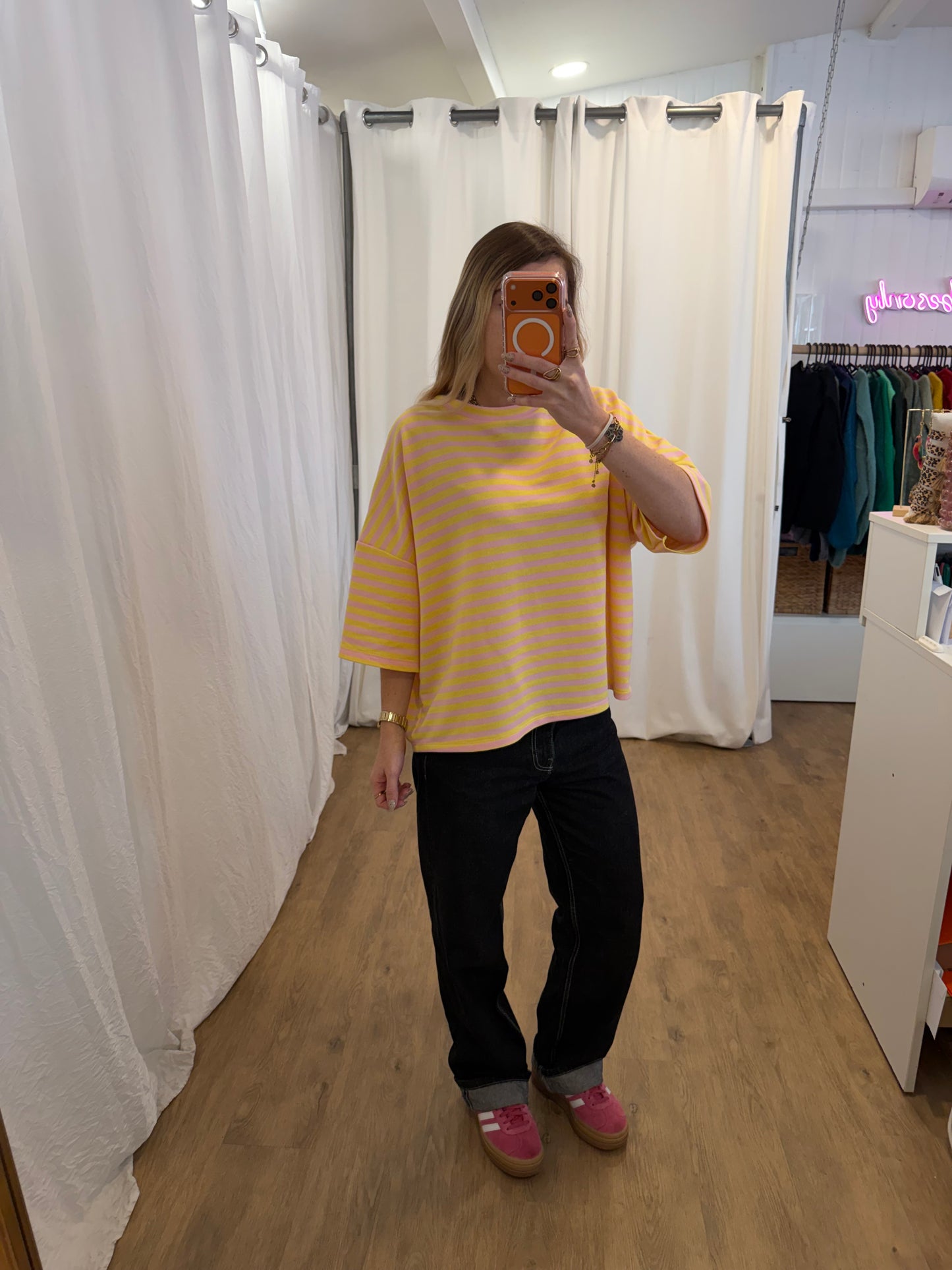 T-shirt LÉA marinière Rose + Jaune