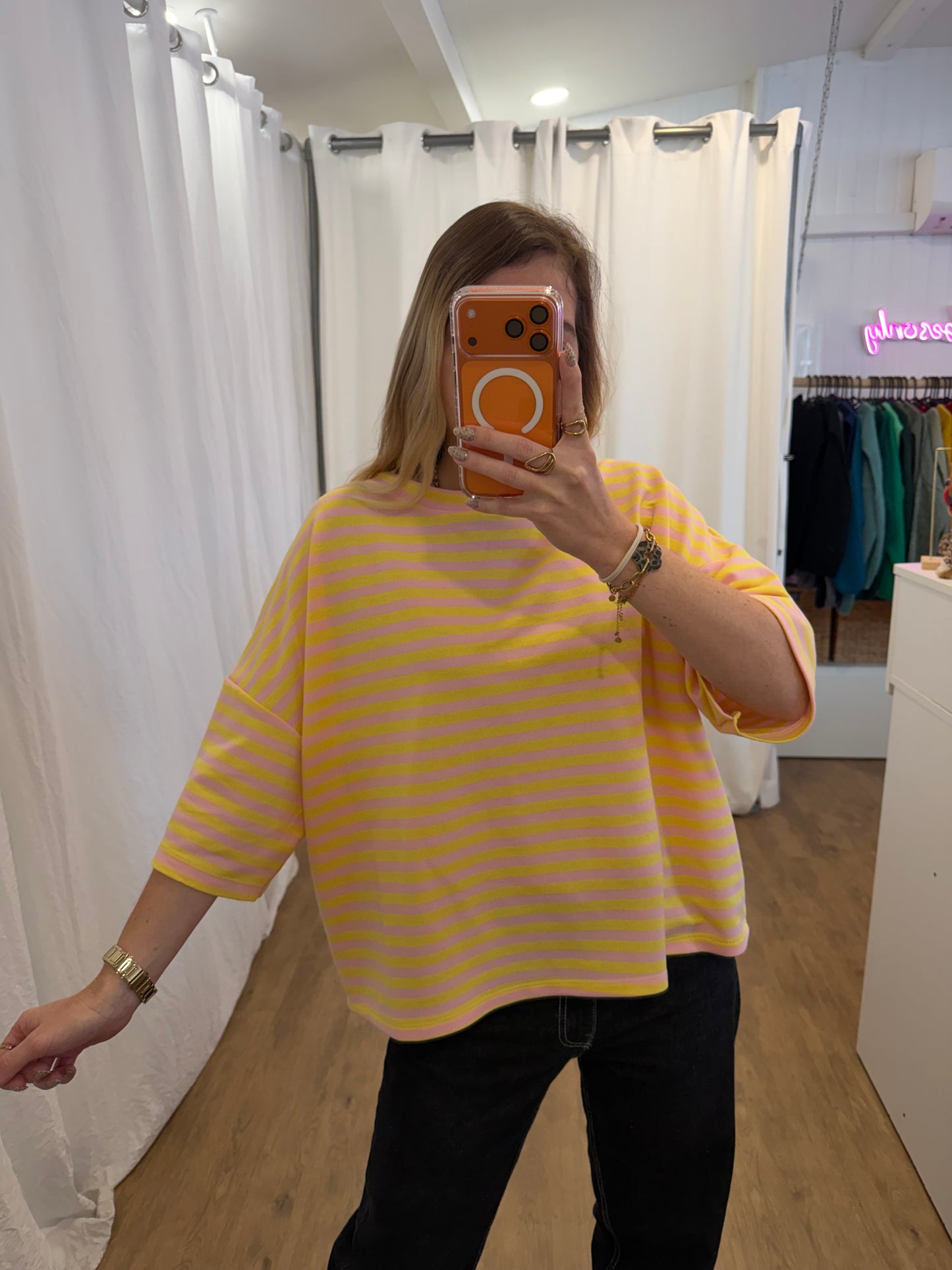 T-shirt LÉA marinière Rose + Jaune