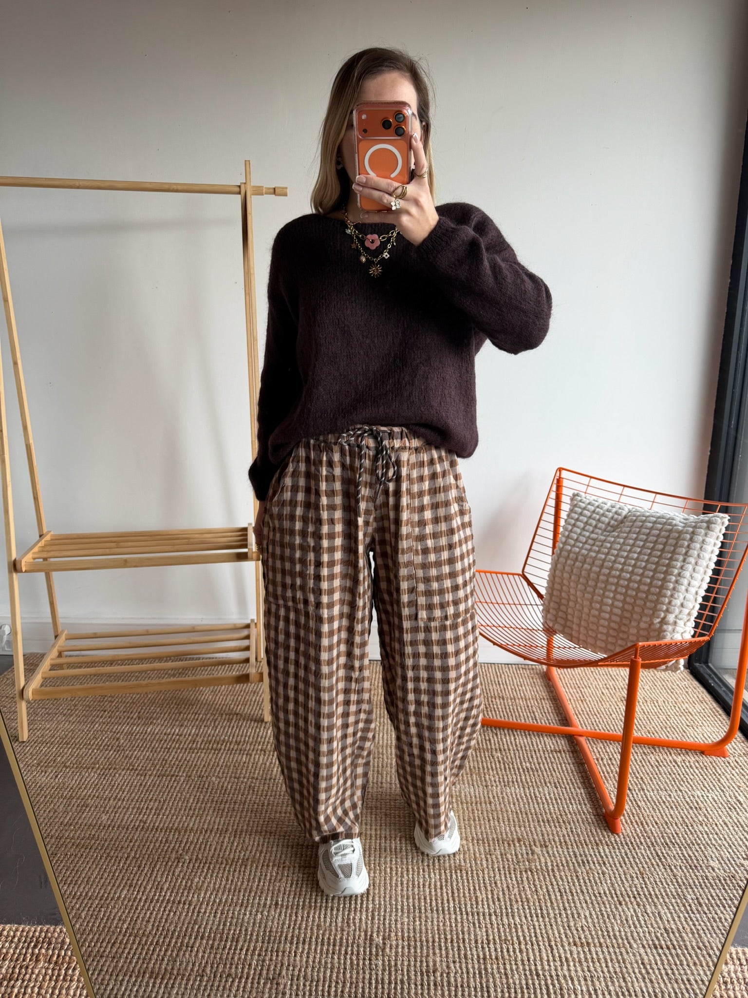 Pantalon vichy LOUIS Camel + Beige