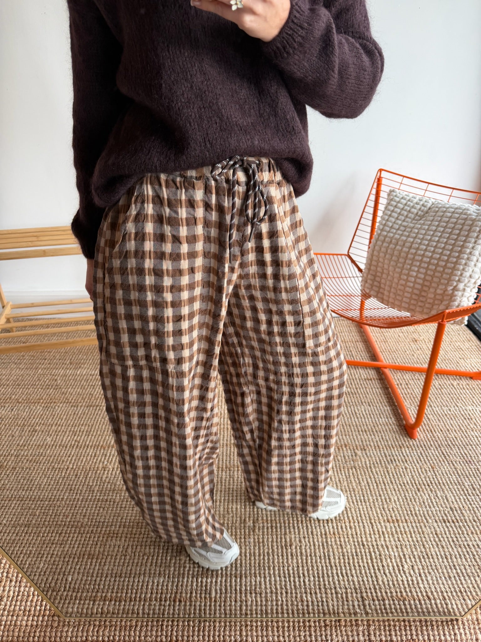 Pantalon vichy LOUIS Camel + Beige