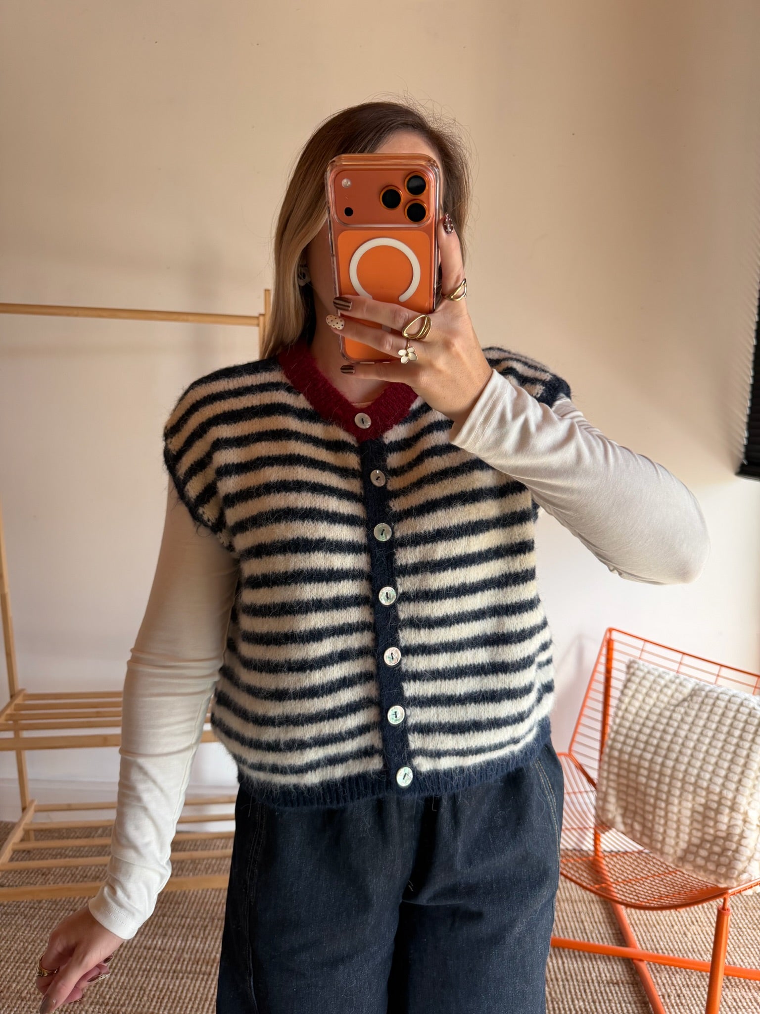 Gilet sans manches TIM - Écru + Bleu marine